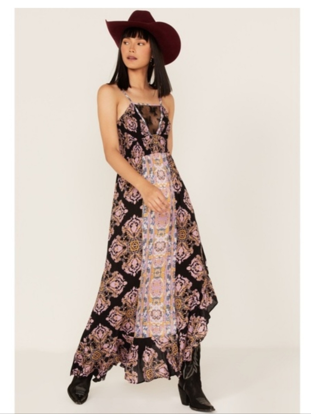 Free People That Moment Ruffle Smocked Lace Trim Maxi Dress Black Combo